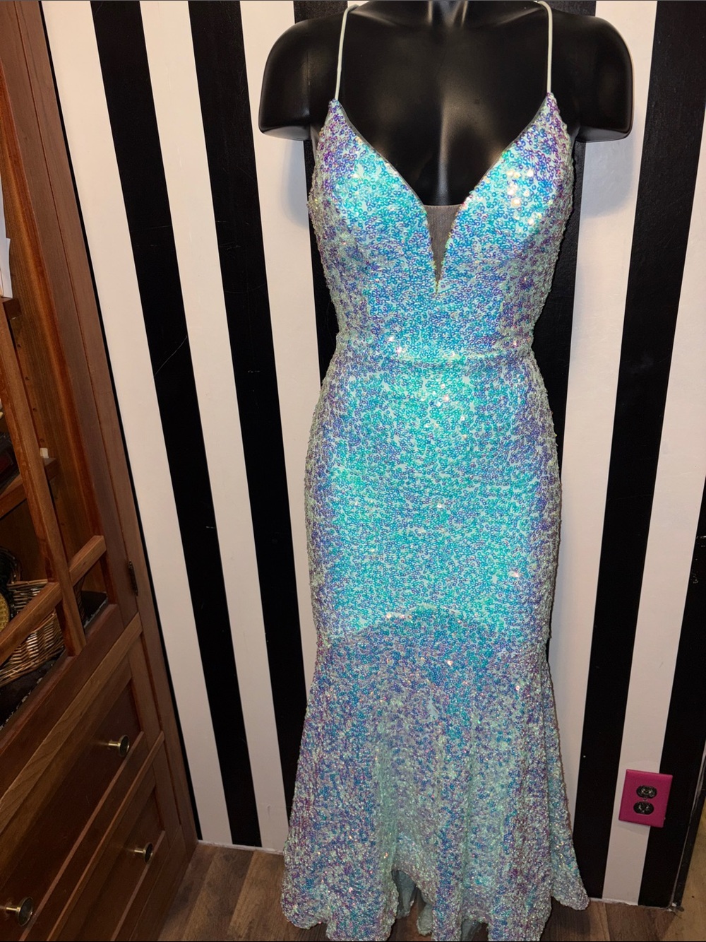 Custom Prom Dress Sparkling Iridescent Sequin Mermaid Dress Aqua Tiffany Blue XS